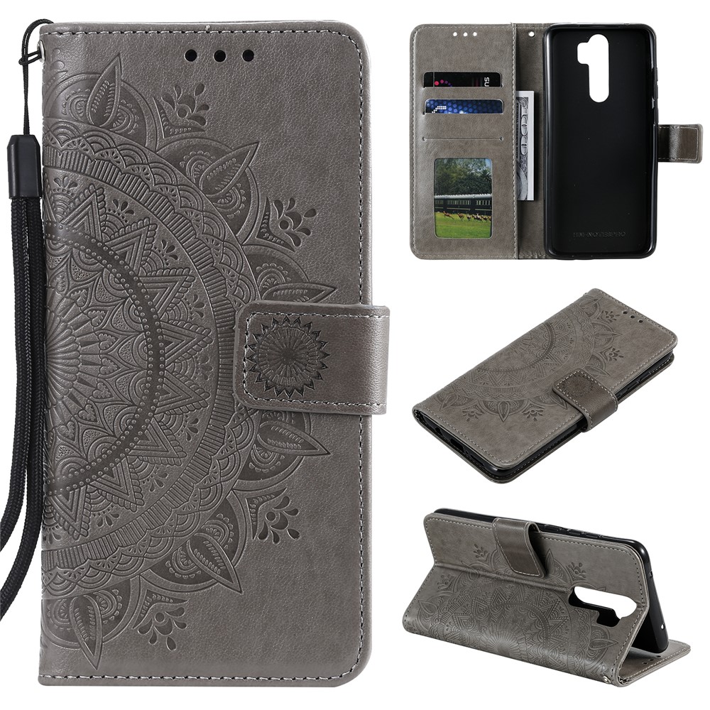 Imprint Flower Leather Wallet Phone Casing for Xiaomi Redmi Note 8 Pro - Grey-1