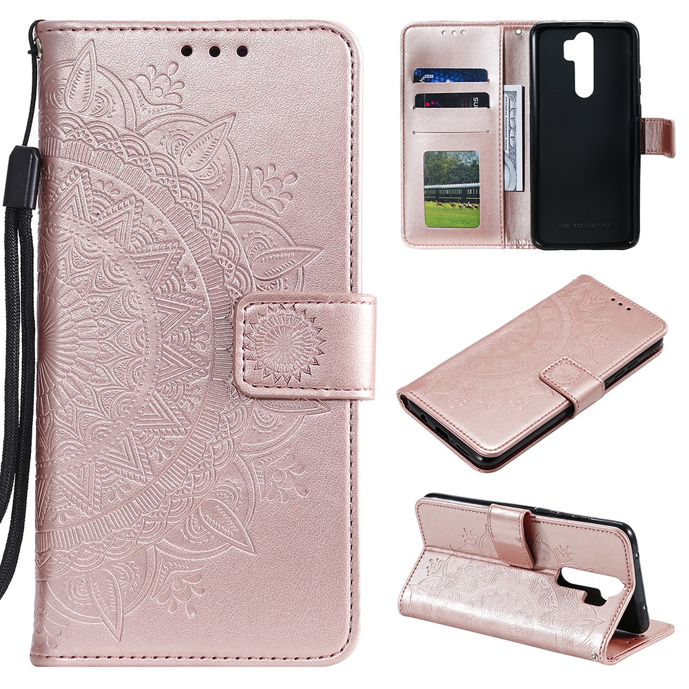 Imprint Flower Leather Wallet Phone Casing for Xiaomi Redmi Note 8 Pro - Rose Gold-1