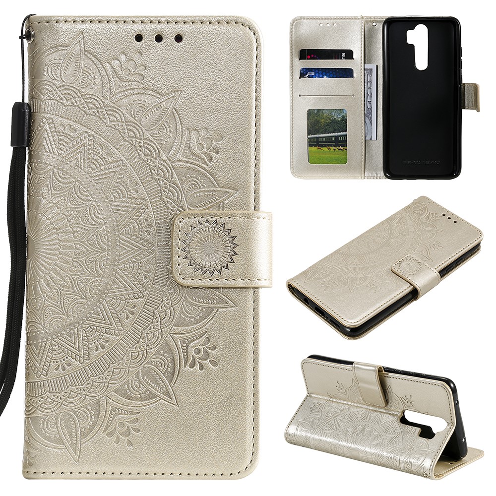 Imprint Flower Leather Wallet Phone Casing for Xiaomi Redmi Note 8 Pro - Gold-1