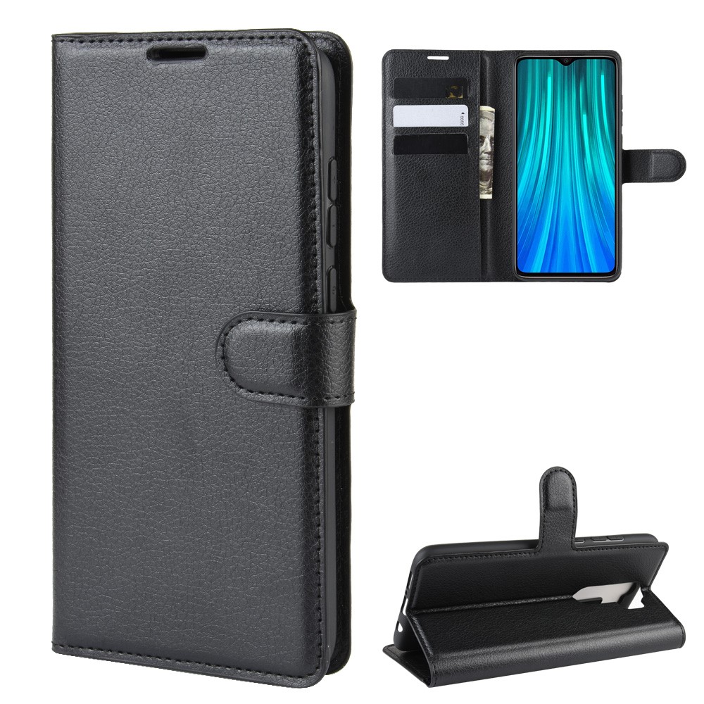 Litchi Skin Flip Leather Wallet Phone Case for Xiaomi Redmi Note 8 Pro Foldable Stand Phone Case - Black-2