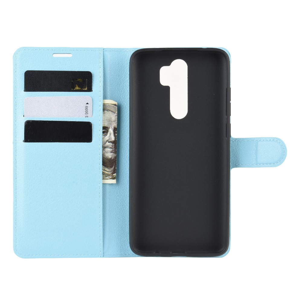 Litchi Skin Flip Leather Wallet Phone Case for Xiaomi Redmi Note 8 Pro Foldable Stand Phone Case - Baby Blue-3