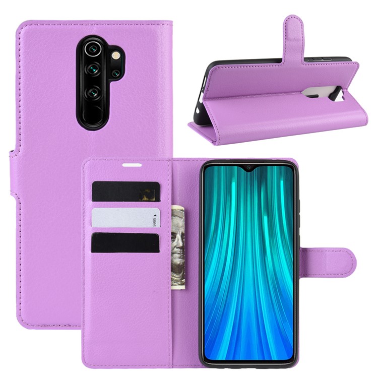 Litchi Skin Flip Leather Wallet Phone Case for Xiaomi Redmi Note 8 Pro - Purple-1