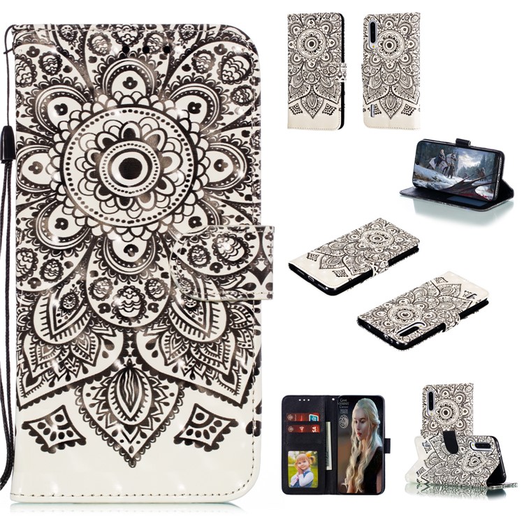 Pattern Printing Light Spot Decor Leather Wallet Case for Xiaomi Mi CC9e / Mi A3 - Black Flower-1