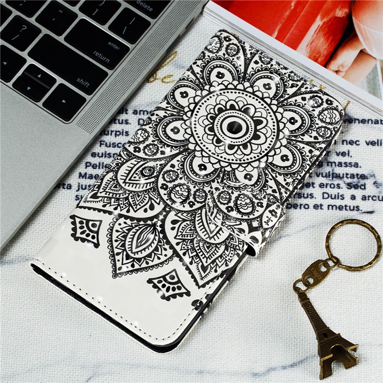 Pattern Printing Light Spot Decor Leather Wallet Case for Xiaomi Mi CC9e / Mi A3 - Black Flower-13