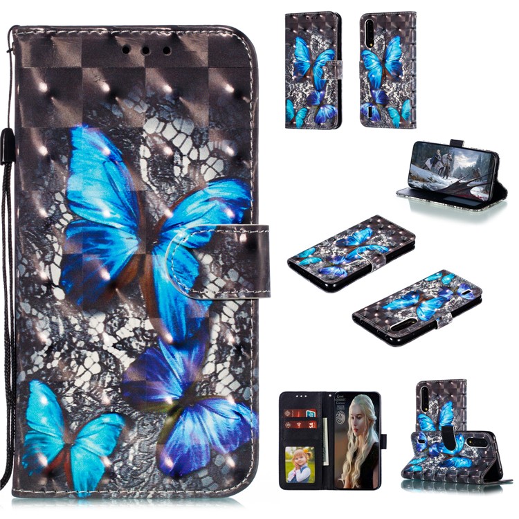 Pattern Printing Light Spot Decor Leather Wallet Stand Case for Xiaomi Mi CC9 / Mi CC9 Meitu Edition - Blue Butterfly-1