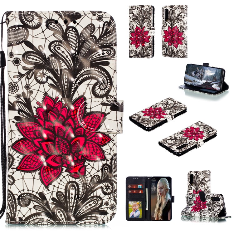 Pattern Printing Light Spot Decor Leather Wallet Stand Case for Xiaomi Mi CC9 / Mi CC9 Meitu Edition - Red Flower-1