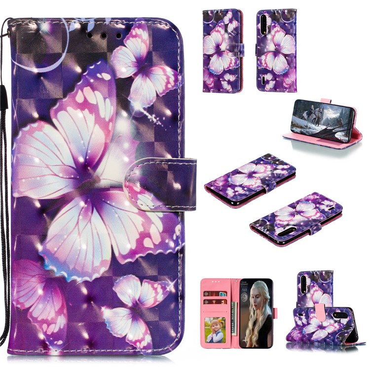 Pattern Printing Light Spot Decor Leather Wallet Stand Case for Xiaomi Mi CC9 / Mi CC9 Meitu Edition - Purple Butterfly-1