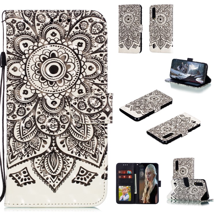 Pattern Printing Light Spot Decor Leather Wallet Stand Case for Xiaomi Mi CC9 / Mi CC9 Meitu Edition - Black Flower-1
