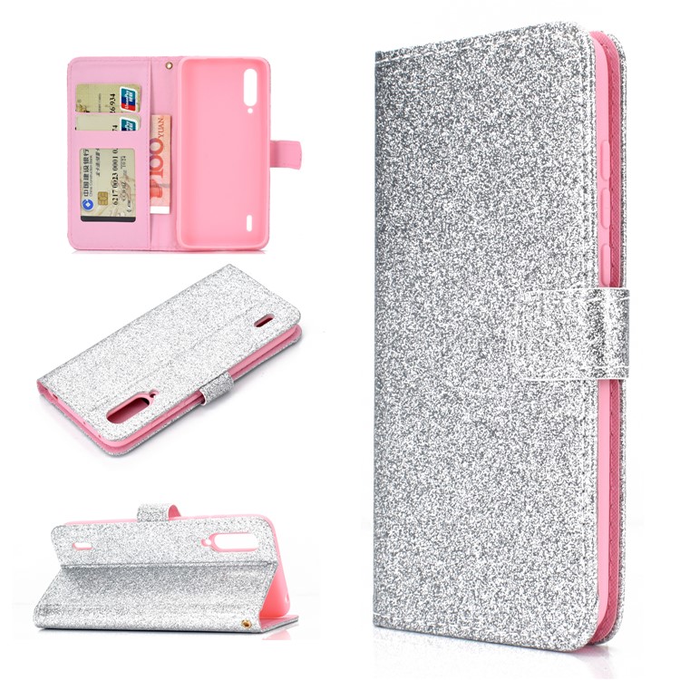 Flash Powder Leather Wallet Case for Xiaomi Mi CC9e / Mi A3 - Silver-1