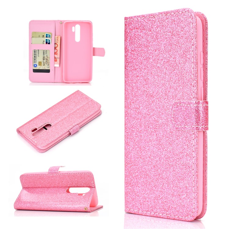 Flash Powder Leather Wallet Case Cover for Xiaomi Redmi Note 8 Pro - Pink-1