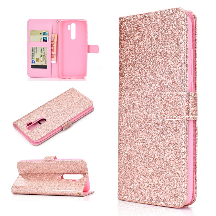 Flash Powder Leather Wallet Case Cover for Xiaomi Redmi Note 8 Pro - Rose Gold-1