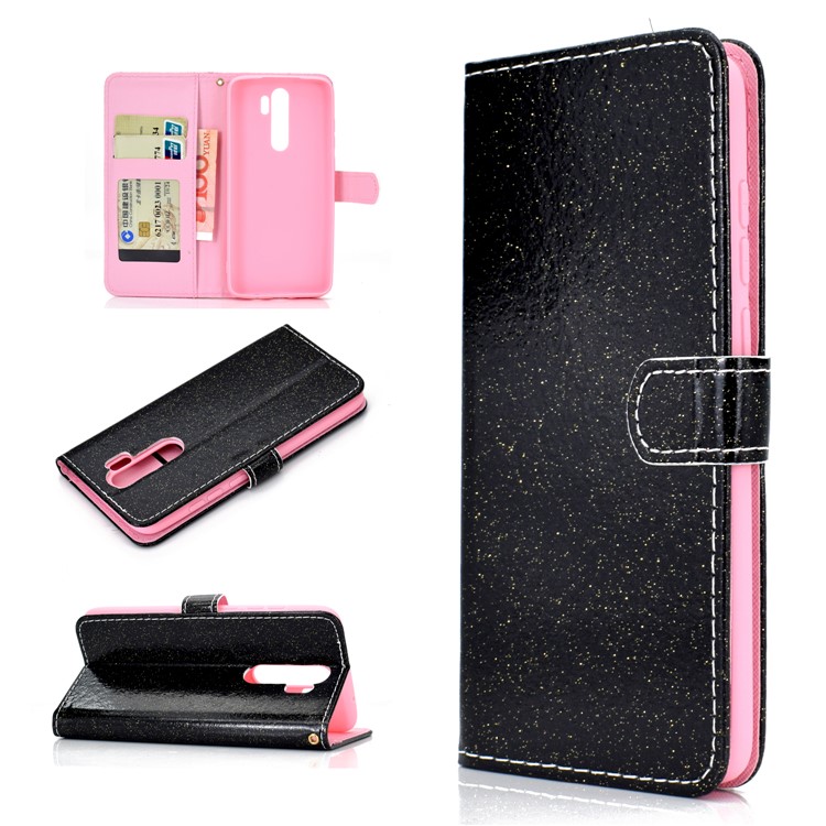 Flash Powder Leather Wallet Case Cover for Xiaomi Redmi Note 8 Pro - Black-1