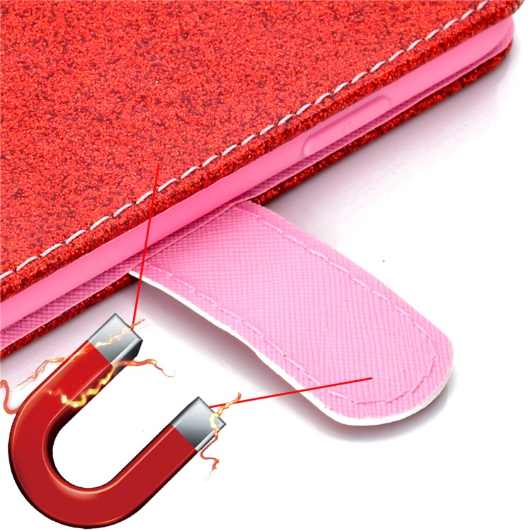 Flash Powder Leather Wallet Case Cover for Xiaomi Redmi Note 8 Pro - Red-8