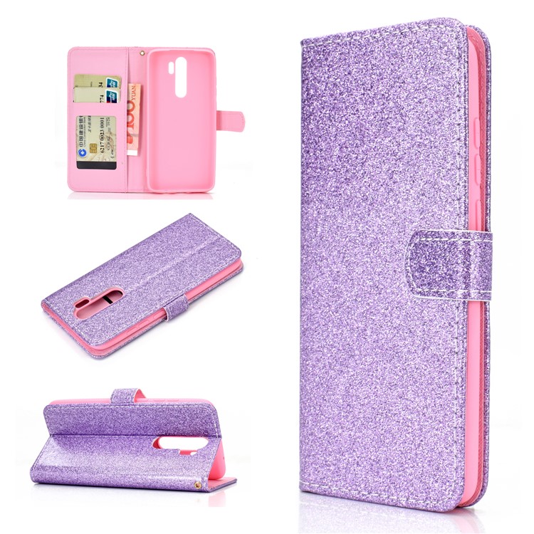 Flash Powder Leather Wallet Case Cover for Xiaomi Redmi Note 8 Pro - Purple-1