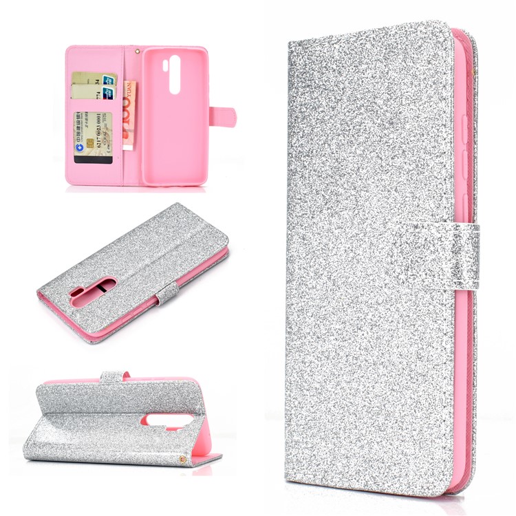 Flash Powder Leather Wallet Case Cover for Xiaomi Redmi Note 8 Pro - Silver-1
