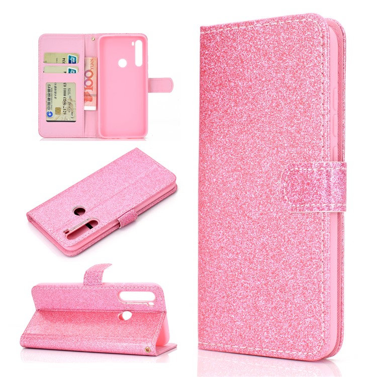 Flash Powder Wallet Leather Phone Case for Xiaomi Redmi Note 8 - Pink