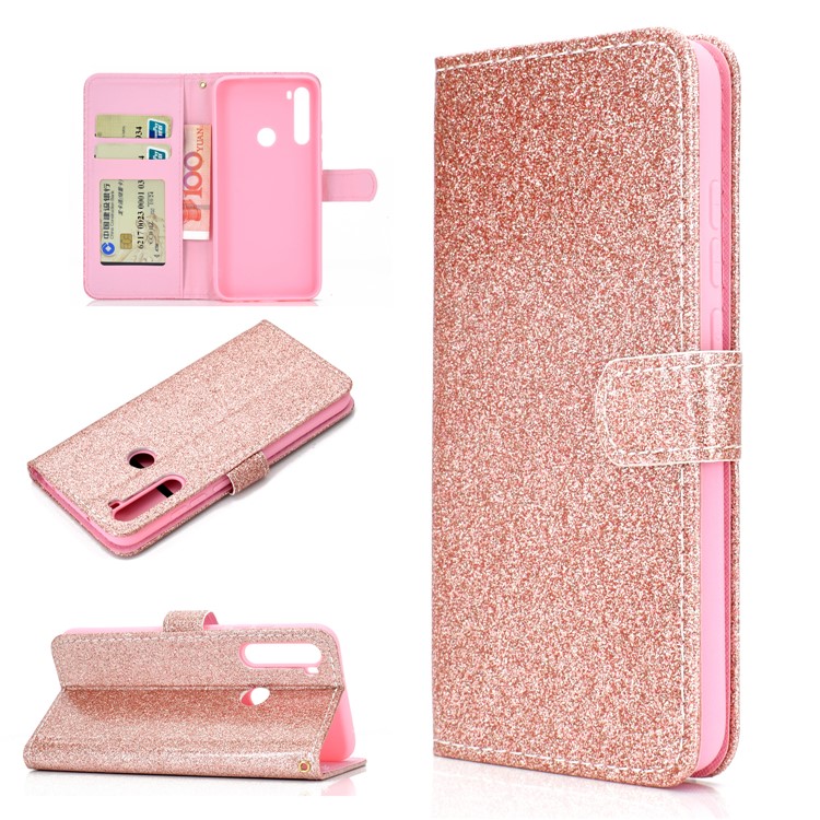 Flash Powder Wallet Leather Phone Case for Xiaomi Redmi Note 8 - Rose Gold-1