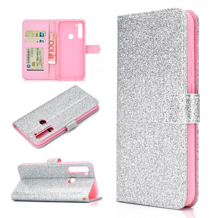 Flash Powder Wallet Leather Phone Case for Xiaomi Redmi Note 8 - Silver-1