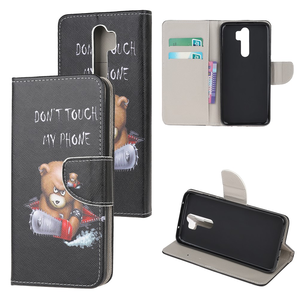 Pattern Printing Cross Texture Leather Wallet Case for Xiaomi Redmi Note 8 Pro - Brown Bear and Warning Words-1