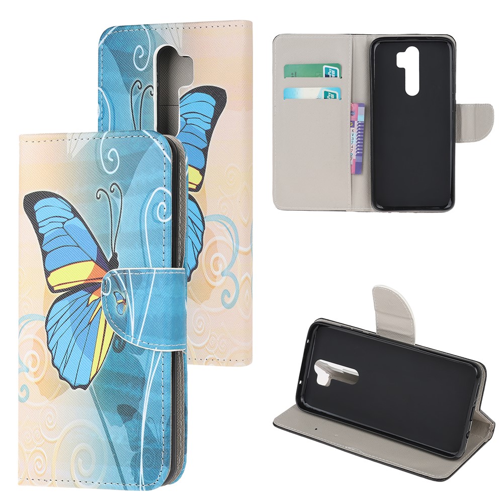 Pattern Printing Cross Texture Leather Wallet Case for Xiaomi Redmi Note 8 Pro - Blue Butterfly-1