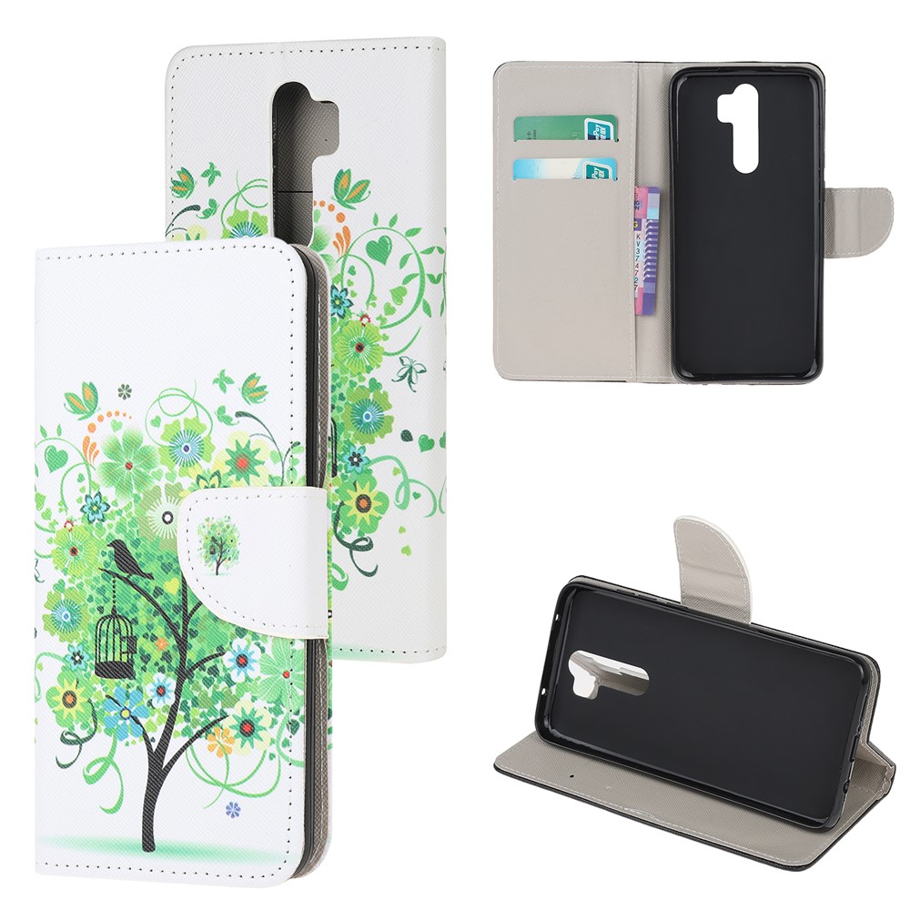 Pattern Printing Cross Texture Leather Wallet Case for Xiaomi Redmi Note 8 Pro - Green Tree-1