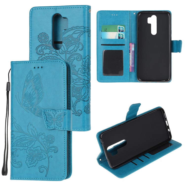 Imprint Flower Butterflies Leather Wallet Phone Cover for Xiaomi Redmi Note 8 Pro - Blue-1