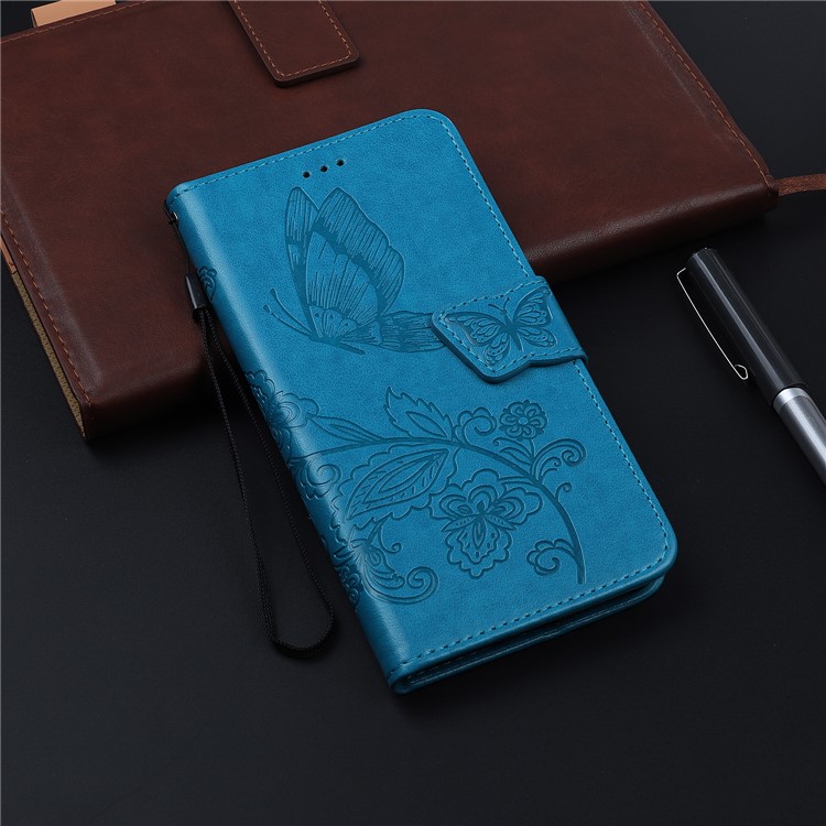 Imprint Flower Butterflies Leather Wallet Phone Cover for Xiaomi Redmi Note 8 Pro - Blue-12