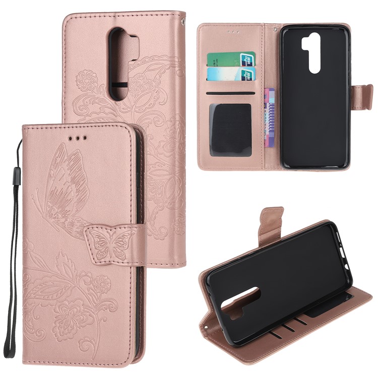 Imprint Flower Butterflies Leather Wallet Phone Cover for Xiaomi Redmi Note 8 Pro - Rose Gold-1