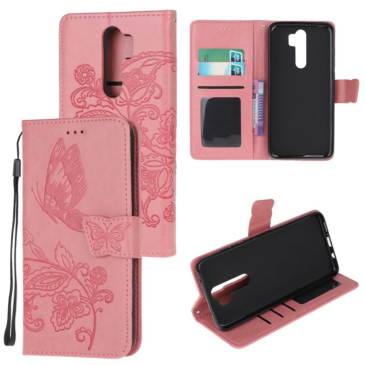 Imprint Flower Butterflies Leather Wallet Phone Cover for Xiaomi Redmi Note 8 Pro - Pink-1