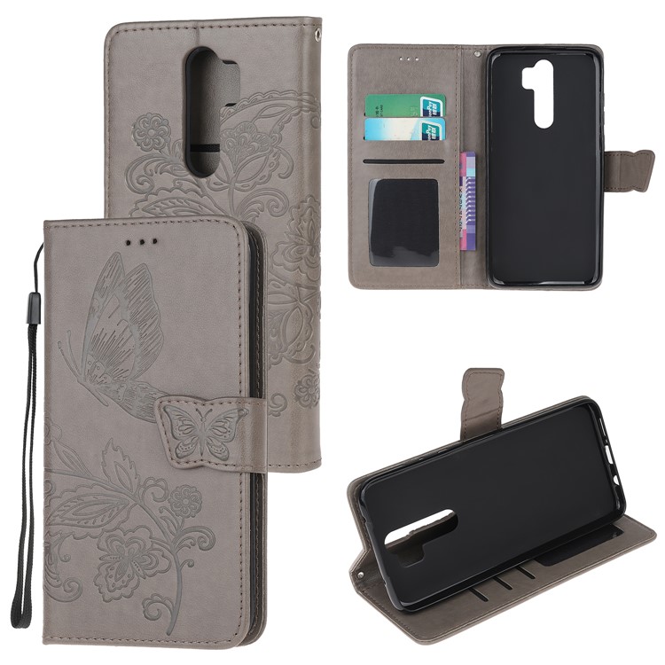 Imprint Flower Butterflies Leather Wallet Phone Cover for Xiaomi Redmi Note 8 Pro - Grey-1