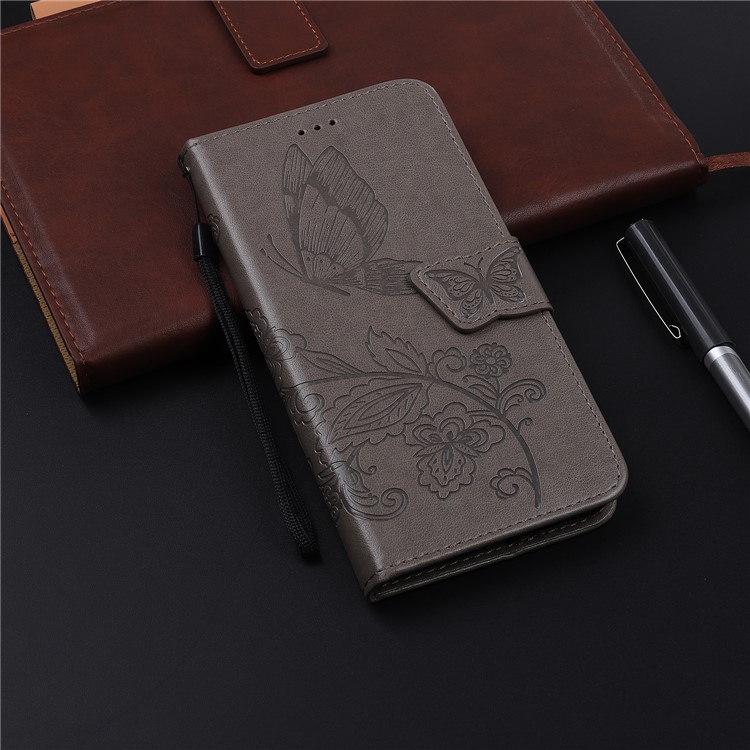 Imprint Flower Butterflies Leather Wallet Phone Cover for Xiaomi Redmi Note 8 Pro - Grey-12