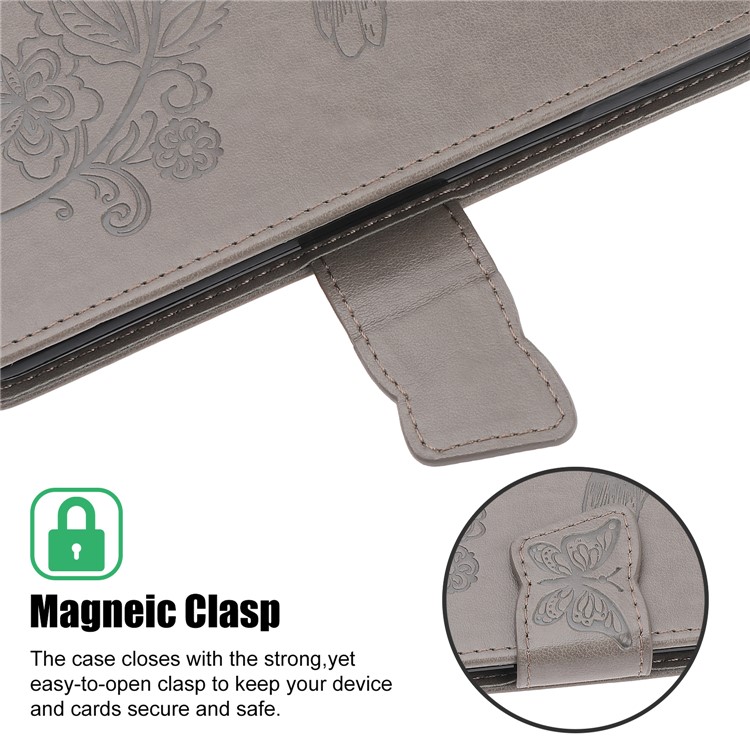 Imprint Flower Butterflies Leather Wallet Phone Cover for Xiaomi Redmi Note 8 Pro - Grey-4