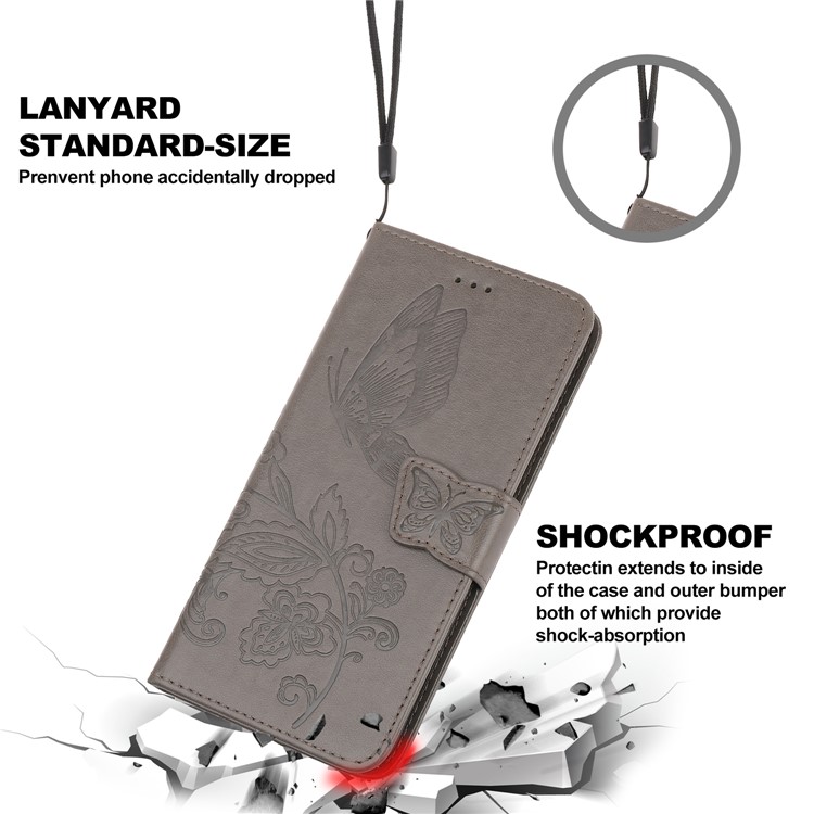 Imprint Flower Butterflies Leather Wallet Phone Cover for Xiaomi Redmi Note 8 Pro - Grey-7