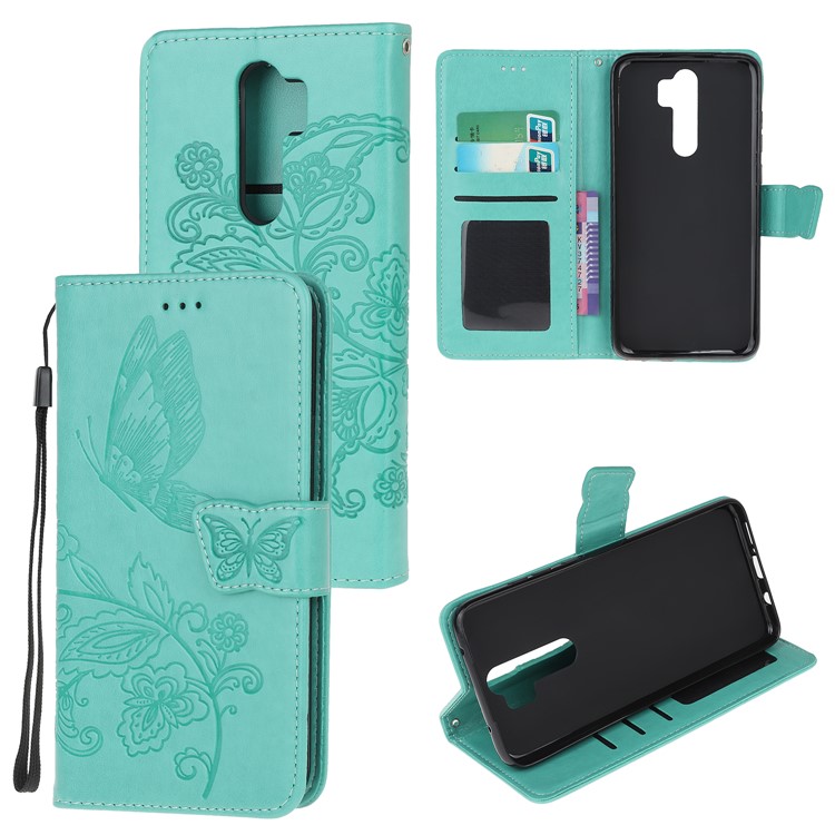 Imprint Flower Butterflies Leather Wallet Phone Cover for Xiaomi Redmi Note 8 Pro - Cyan-1