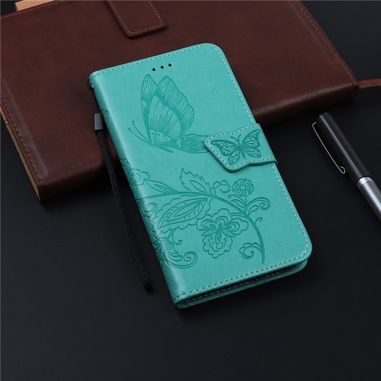 Imprint Flower Butterflies Leather Wallet Phone Cover for Xiaomi Redmi Note 8 Pro - Cyan-12