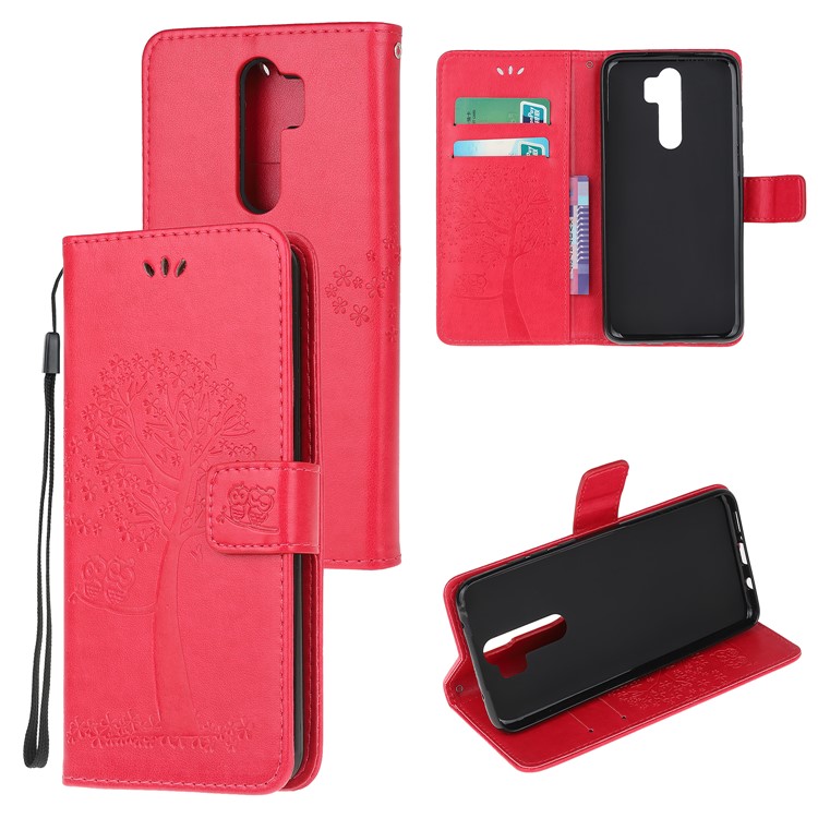 Imprint Workmanship Tree Owl Magnetic Wallet PU Leather Cover for Xiaomi Redmi Note 8 Pro - Rose-1