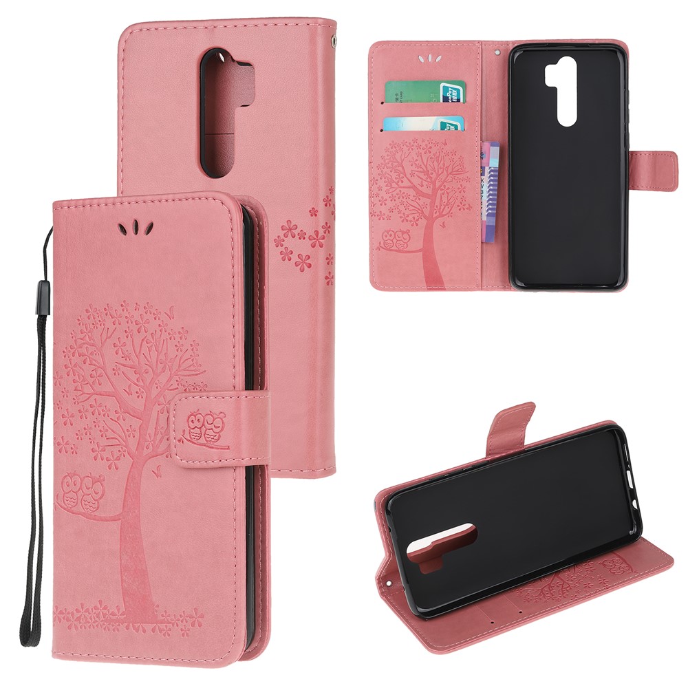 Imprint Workmanship Tree Owl Magnetic Wallet PU Leather Cover for Xiaomi Redmi Note 8 Pro - Pink-1
