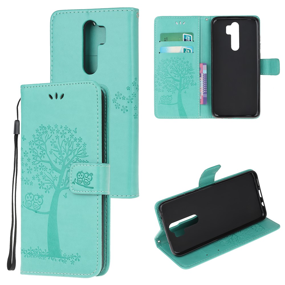 Imprint Workmanship Tree Owl Magnetic Wallet PU Leather Cover for Xiaomi Redmi Note 8 Pro - Cyan-1