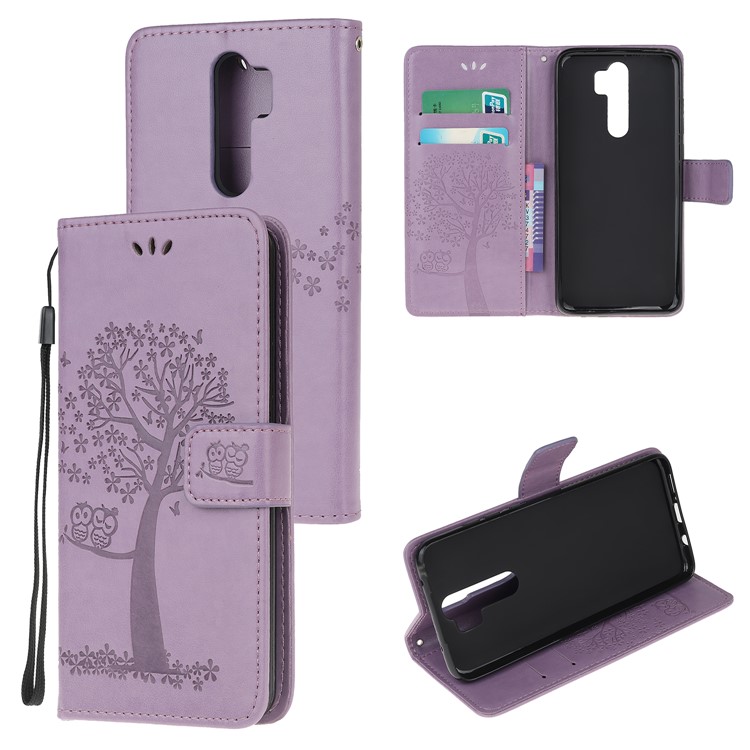 Imprint Workmanship Tree Owl Magnetic Wallet PU Leather Cover for Xiaomi Redmi Note 8 Pro - Light Purple-1