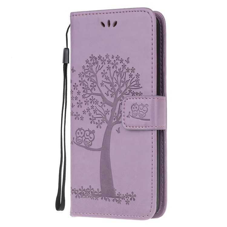 Imprint Workmanship Tree Owl Magnetic Wallet PU Leather Cover for Xiaomi Redmi Note 8 Pro - Light Purple-2