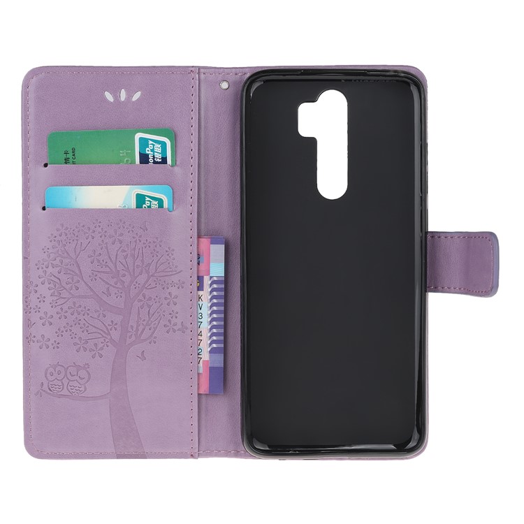 Imprint Workmanship Tree Owl Magnetic Wallet PU Leather Cover for Xiaomi Redmi Note 8 Pro - Light Purple-5