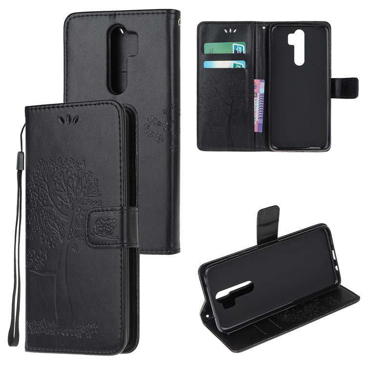 Imprint Workmanship Tree Owl Magnetic Wallet PU Leather Cover for Xiaomi Redmi Note 8 Pro - Black-1