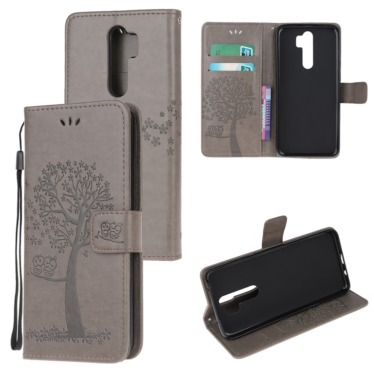Imprint Workmanship Tree Owl Magnetic Wallet PU Leather Cover for Xiaomi Redmi Note 8 Pro - Grey-1