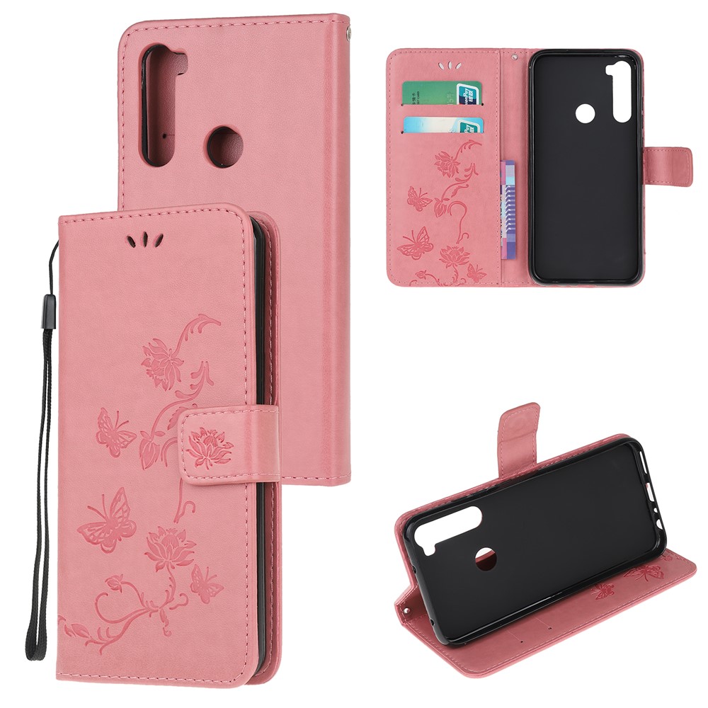 Imprint Butterfly Flower Leather Wallet Case for Xiaomi Redmi Note 8 - Pink-1