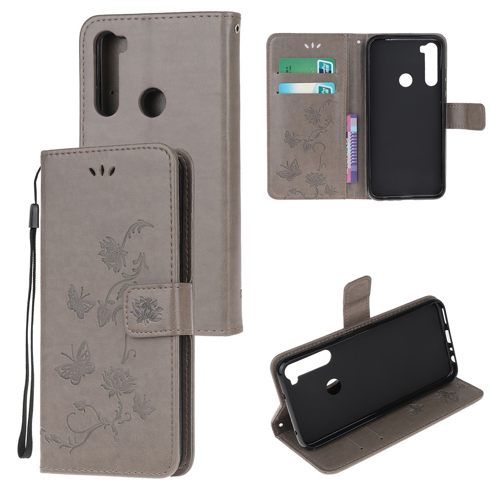 Imprint Butterfly Flower Leather Wallet Case for Xiaomi Redmi Note 8 - Grey-1