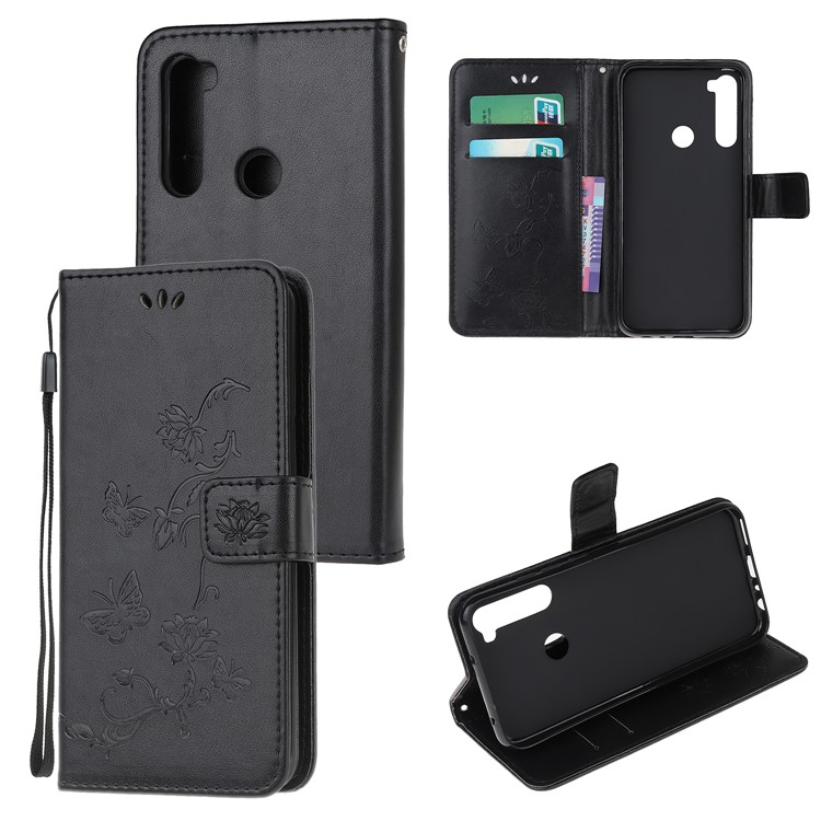 Imprint Butterfly Flower Leather Wallet Case for Xiaomi Redmi Note 8 - Black-1