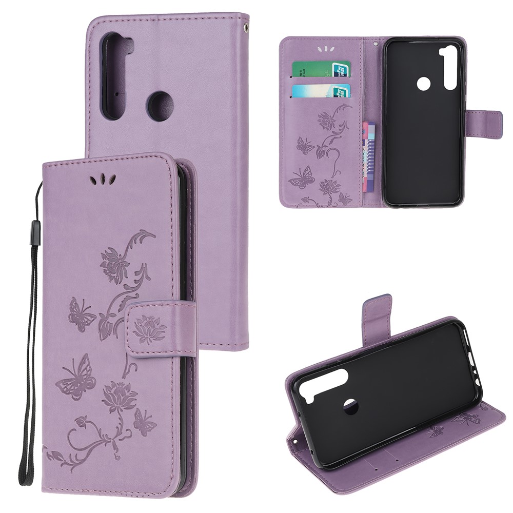 Imprint Butterfly Flower Leather Wallet Case for Xiaomi Redmi Note 8 - Light Purple-1