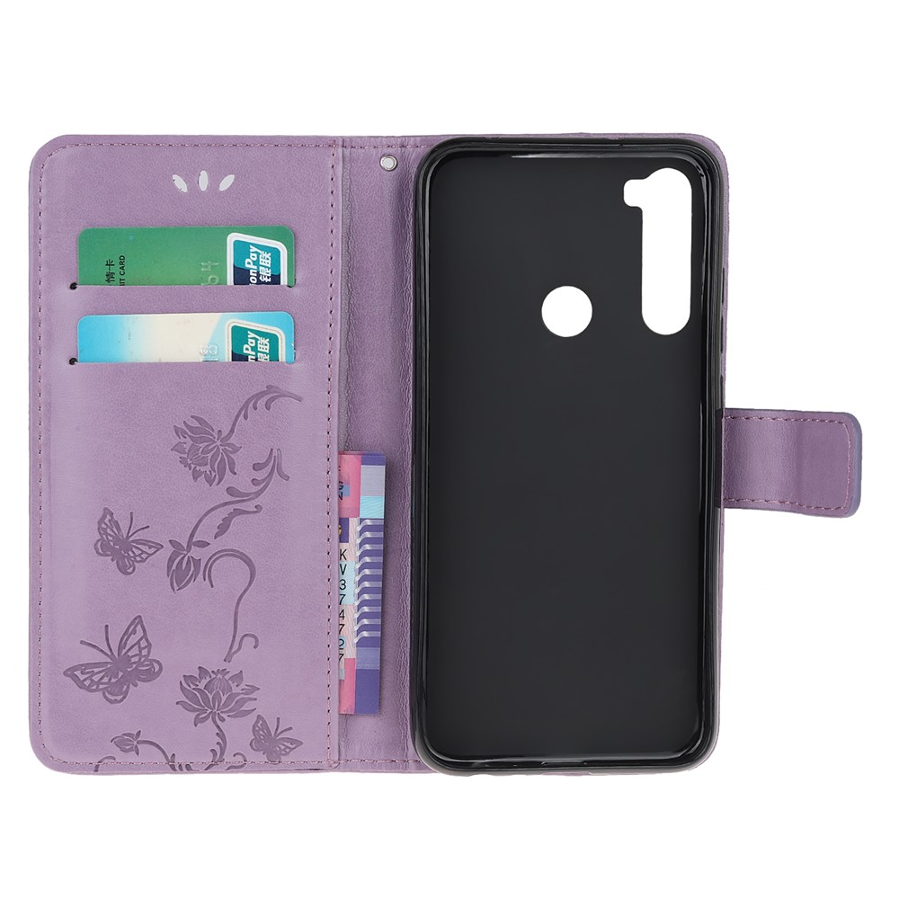 Imprint Butterfly Flower Leather Wallet Case for Xiaomi Redmi Note 8 - Light Purple-5