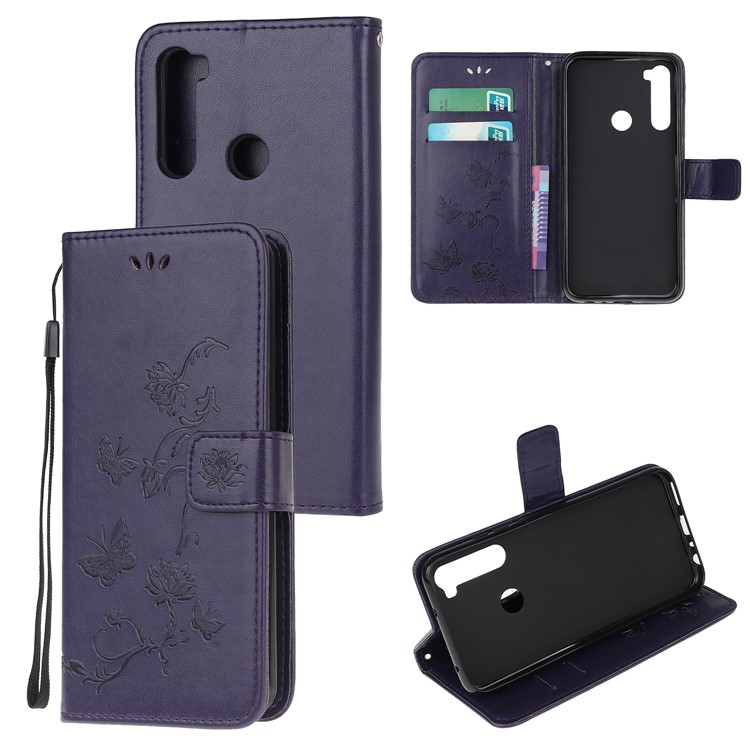 Imprint Butterfly Flower Leather Wallet Case for Xiaomi Redmi Note 8 - Dark Purple-1