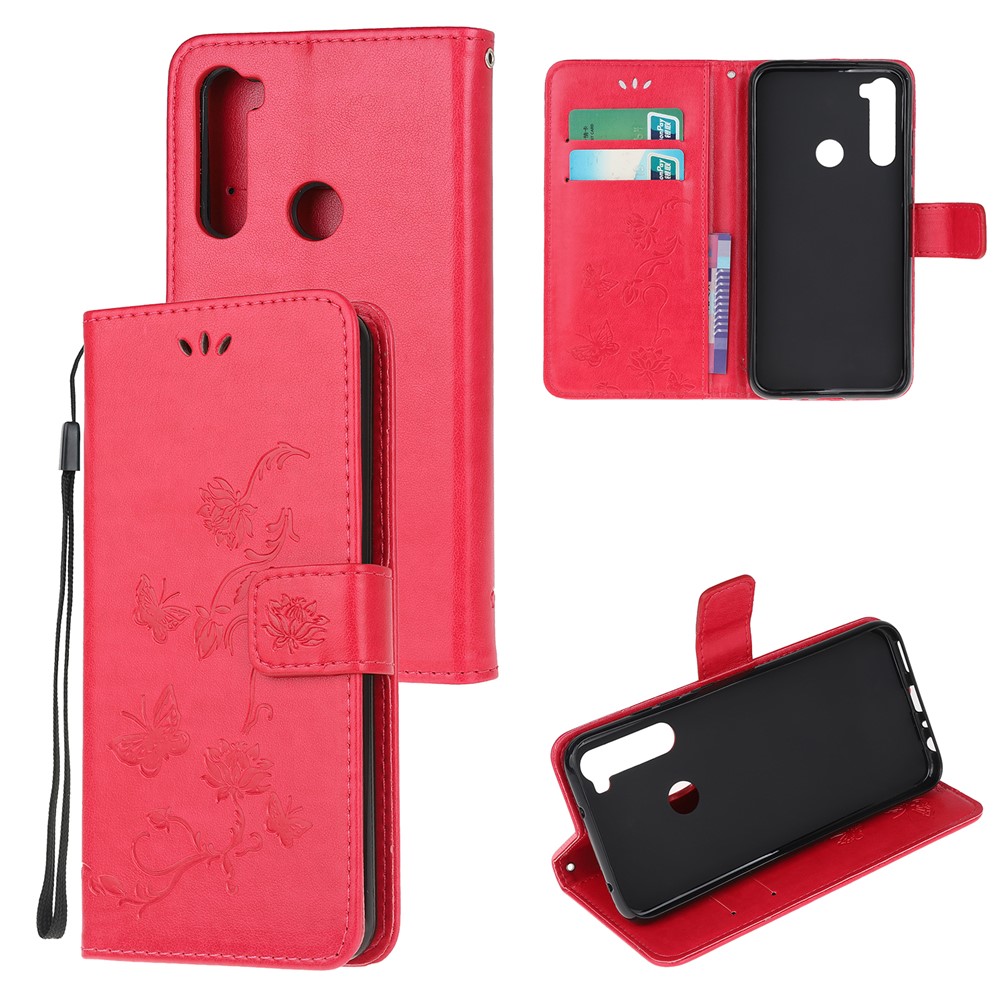 Imprint Butterfly Flower Leather Wallet Case for Xiaomi Redmi Note 8 - Red-1